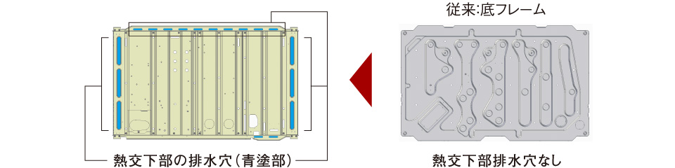 従来よりも排水穴を複数設置